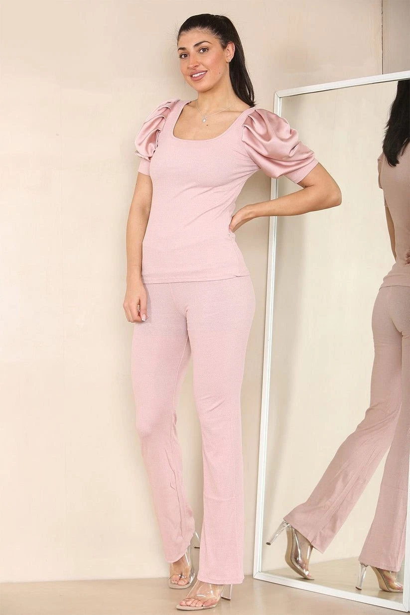 Silky Satin Puff Sleeves Ribbed Lounge Set