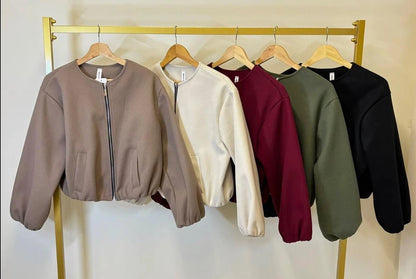 Women's Balloon Sleeve Bomber Jacket Zip-Up Pocket