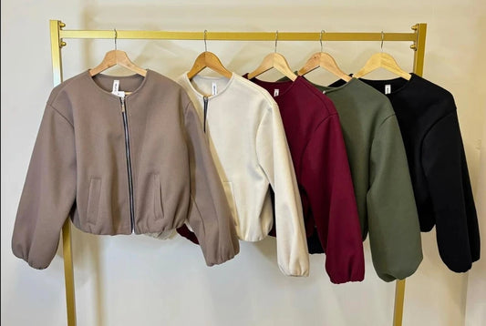 Women's Balloon Sleeve Bomber Jacket Zip-Up Pocket