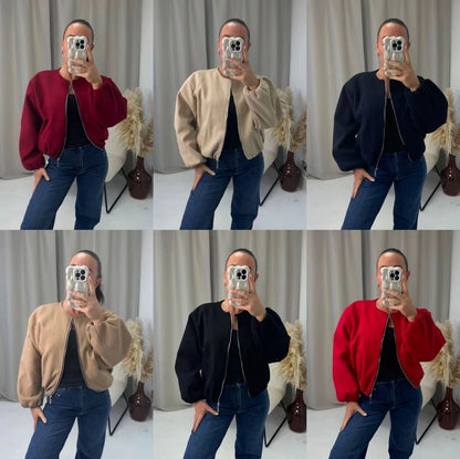 Women's Balloon Sleeve Bomber Jacket Zip-Up Pocket