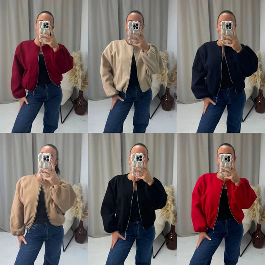 Women's Balloon Sleeve Bomber Jacket Zip-Up Pocket