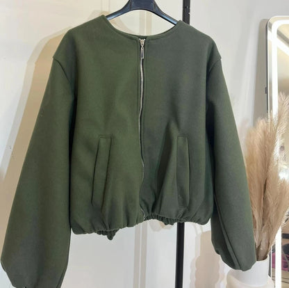 Women's Balloon Sleeve Bomber Jacket Zip-Up Pocket