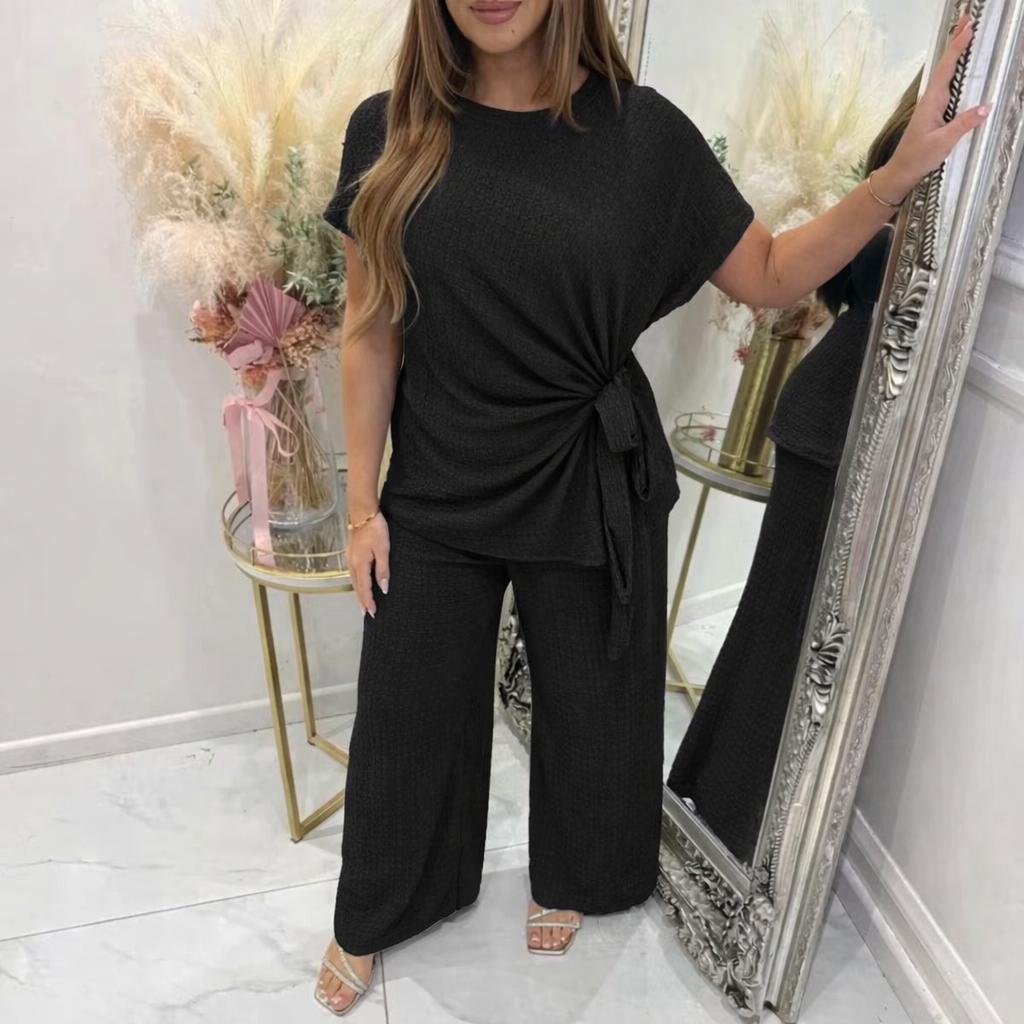 Side tie short sleeve top and trouser set