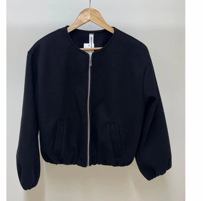 Women's Balloon Sleeve Bomber Jacket Zip-Up Pocket