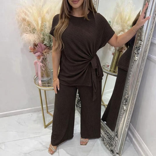 Side tie short sleeve top and trouser set