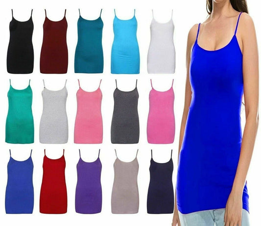 Ladies Cami Straight Fit Long Tunic Vest Dress Strappy Tank Top Stretchy Bodycon