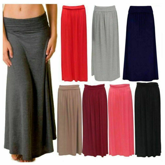 Ladies Flared Jersey Maxi Skirt Long Plain Stretch Turn Up Waist Plus Size
