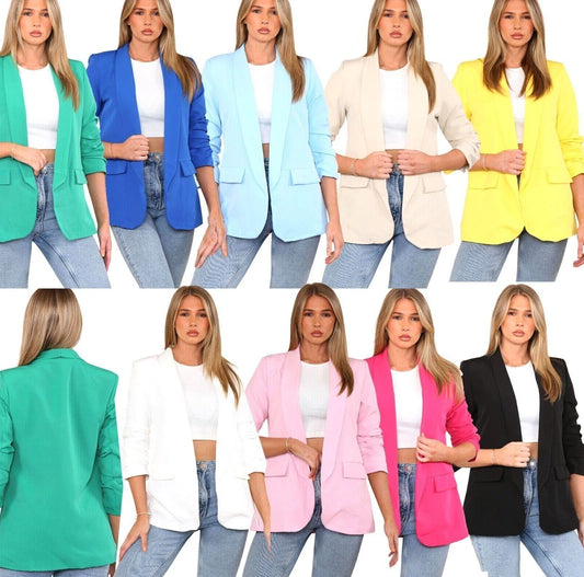 Ladies Ruched Sleeve Fully Lined Blazer Collared Casual Ladies Formal Jacket Top