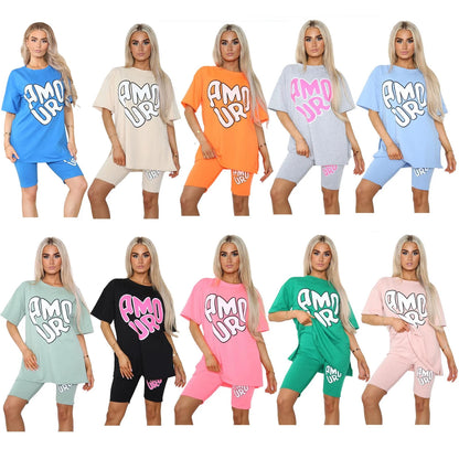 Amour Side Slit Cycling Short and T-Shirts Co-Ord Two Piece Set with Front Amour Slogan