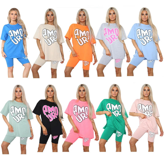 Amour Side Slit Cycling Short and T-Shirts Co-Ord Two Piece Set with Front Amour Slogan