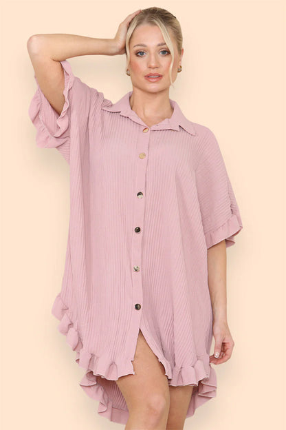 Over Sized Italian Gold Button Pleated Frill Ruffle TikTok Dress Top