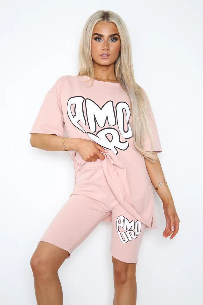 Amour Side Slit Cycling Short and T-Shirts Co-Ord Two Piece Set with Front Amour Slogan