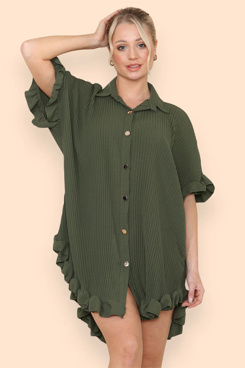 Over Sized Italian Gold Button Pleated Frill Ruffle TikTok Dress Top