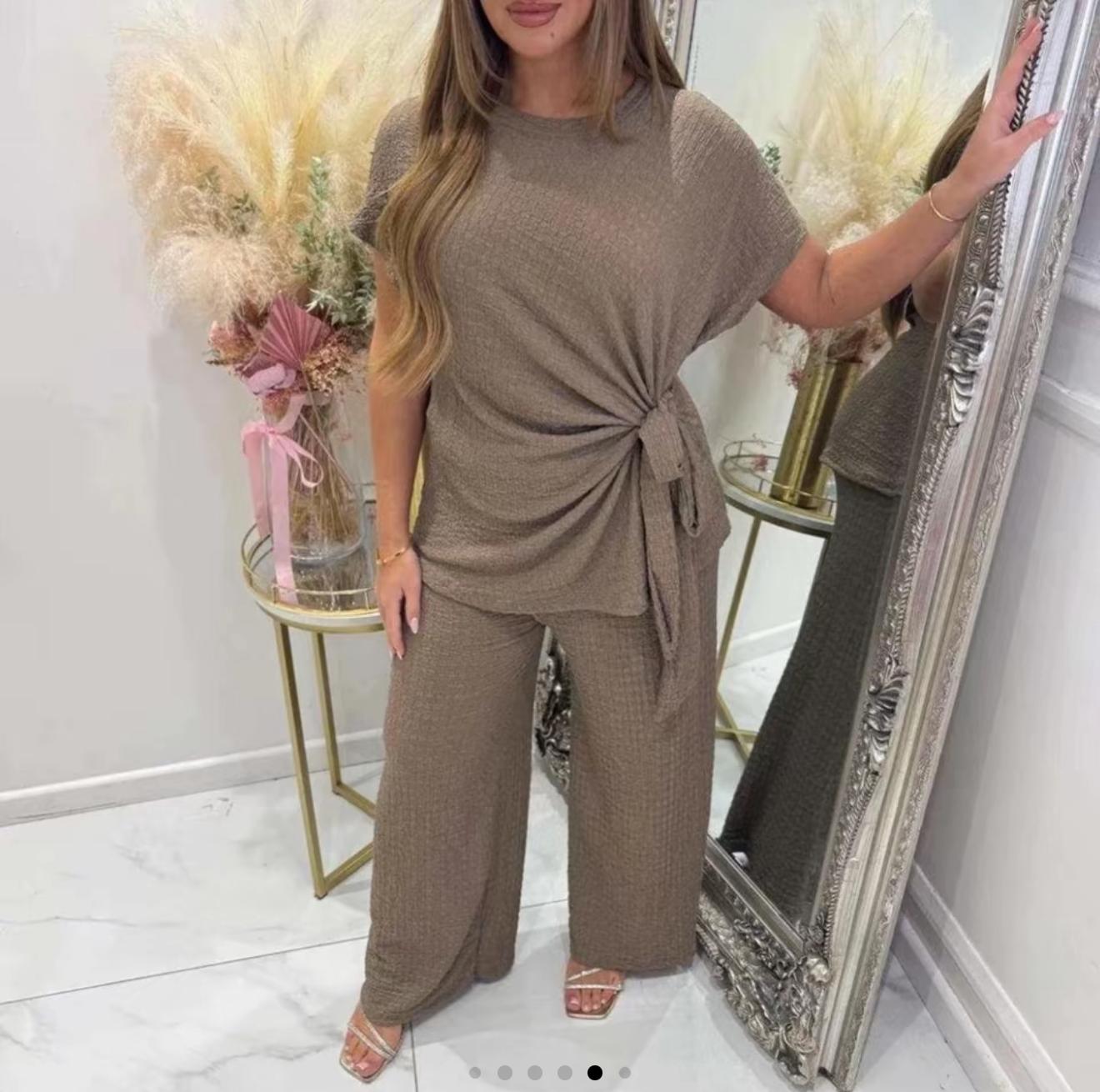 Side tie short sleeve top and trouser set