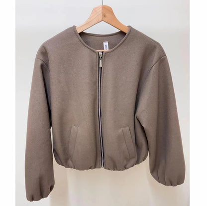 Women's Balloon Sleeve Bomber Jacket Zip-Up Pocket