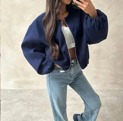 Women's Balloon Sleeve Bomber Jacket Zip-Up Pocket