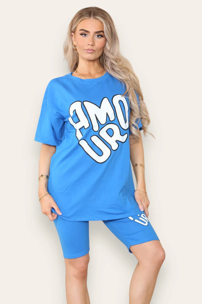 Amour Side Slit Cycling Short and T-Shirts Co-Ord Two Piece Set with Front Amour Slogan