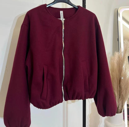 Women's Balloon Sleeve Bomber Jacket Zip-Up Pocket