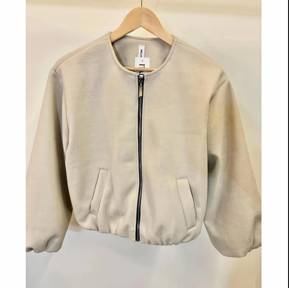 Women's Balloon Sleeve Bomber Jacket Zip-Up Pocket