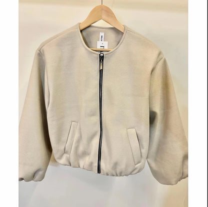 Women's Balloon Sleeve Bomber Jacket Zip-Up Pocket