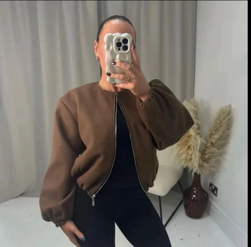 Women's Balloon Sleeve Bomber Jacket Zip-Up Pocket