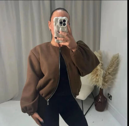Women's Balloon Sleeve Bomber Jacket Zip-Up Pocket