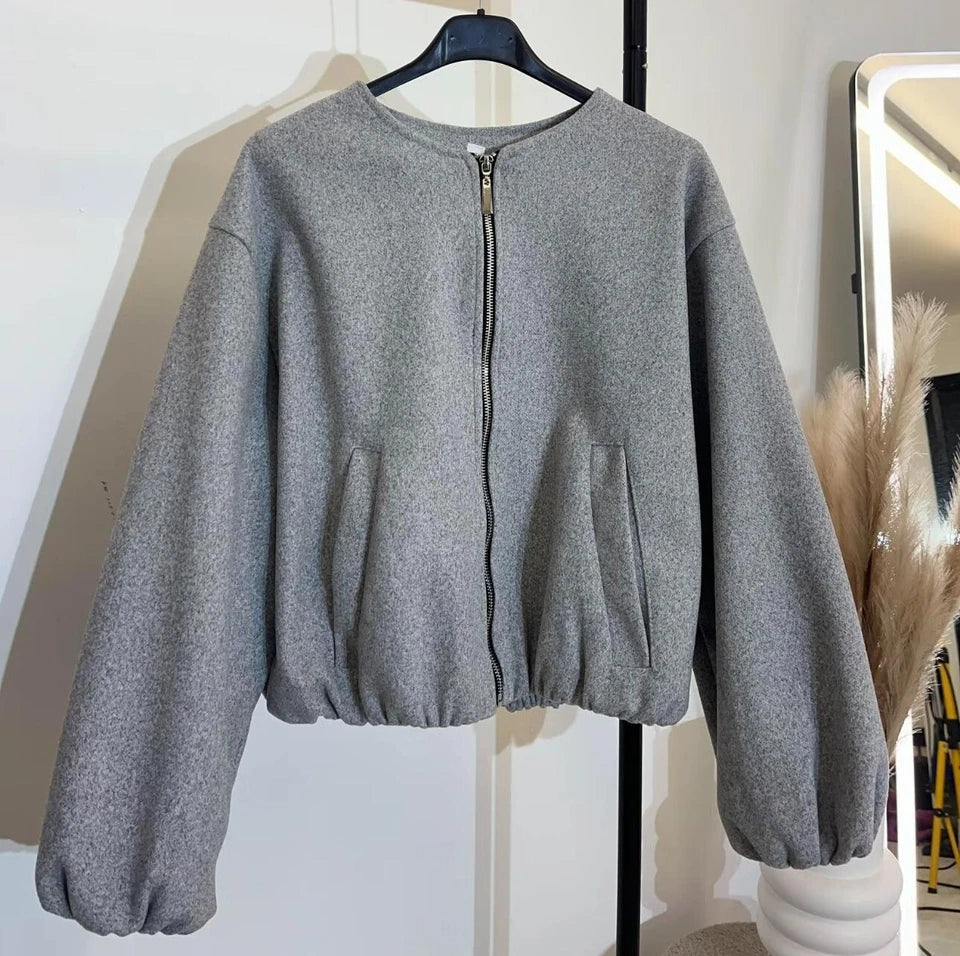 Women's Balloon Sleeve Bomber Jacket Zip-Up Pocket