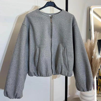 Women's Balloon Sleeve Bomber Jacket Zip-Up Pocket